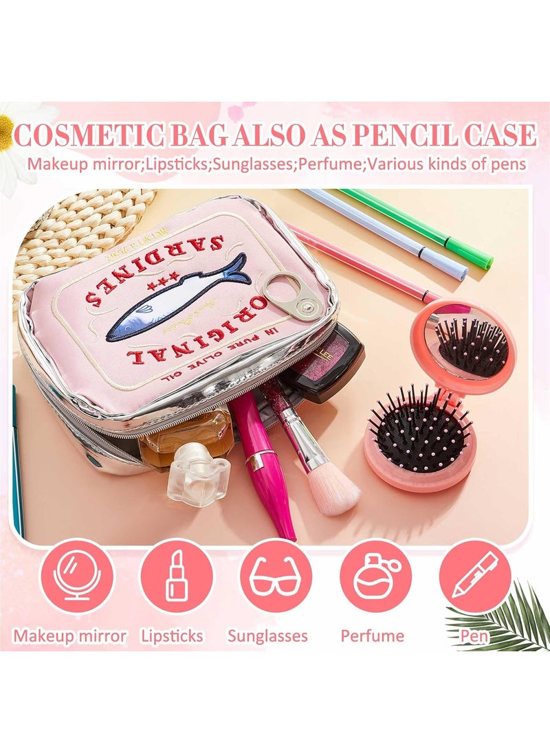 Reginary Reginary 2 Pcs Pink Canned Sardines Makeup Bag and Mini Hair Brush with Mirror Cute Cosmetic Bag Folding Hair Brush Kawaii Pencil Case Pouch Portable Travel Toiletry Bag Funny Waterproof for Women  - Image 4