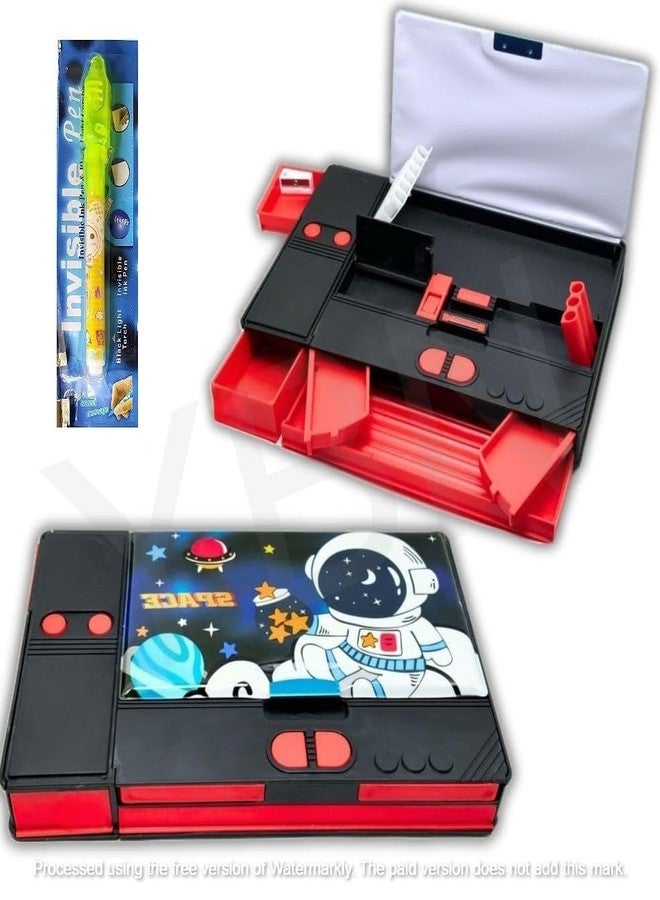 YBN Plastic Jumbo Size Multi-Functional Astronaut Space Theme Pencil Modern Geometry Box with Integrated Sharpner for Boys Girls Kids,Multicolor - with Free 1 Invisible Writing Light Pen - Image 1