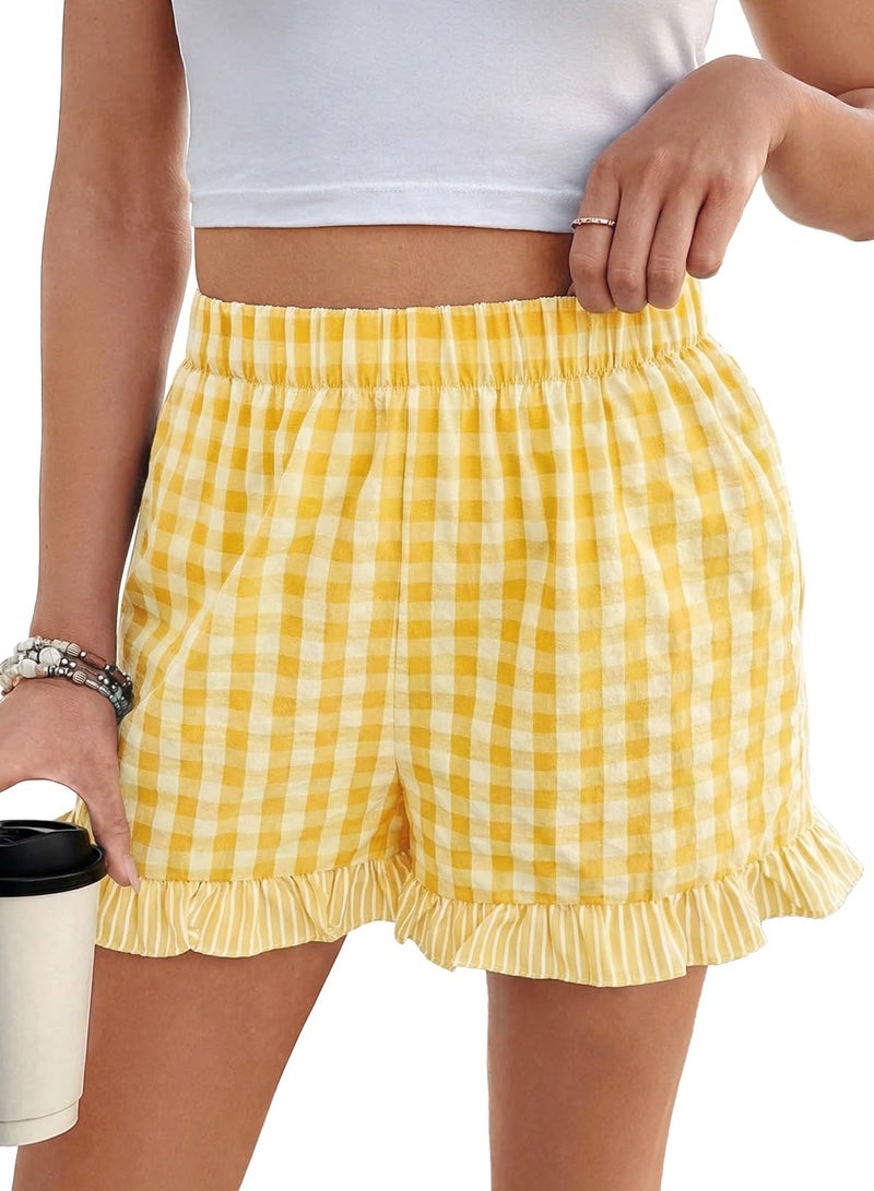EVALESS Boxer Shorts for Women Plaid Pajama Ruffle Shorts Fashion 2026 Summer Beach Bottoms Casual Lounge Sleep Gingham Shorts Cute y2k Clothes Elastic High Waist Cotton Short Yellow Cream Medium - Image 1