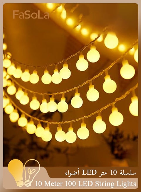 10 Meter 100 LED String Lights, Spherical Fairy Lights with 1.7cm Warm White Bulbs, Plug-in Connectable Decorative Lights for Outdoor Indoor Garden Wedding Eid Party Decoration (Warm White)