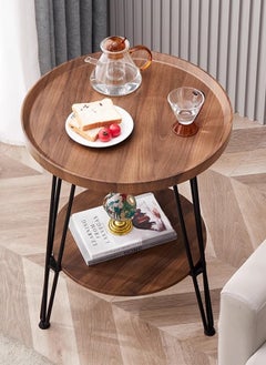 Sharpdo Living Room Sofa Side Table Double Layer Small Coffee Table, Metal Frame, Brown Round Coffee Table 48*48*50CM  - Image 2