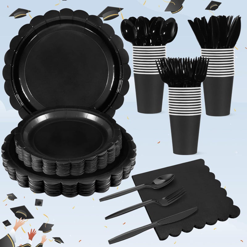 Xiangqu 175 Pcs Black Plates and Napkins 25 Guest Black Graduation Party Supplies Inlcude Scalloped Party Plates Napkins Cups Plastic Cutlery for Graduations  Birthday  Fesita - Image 1