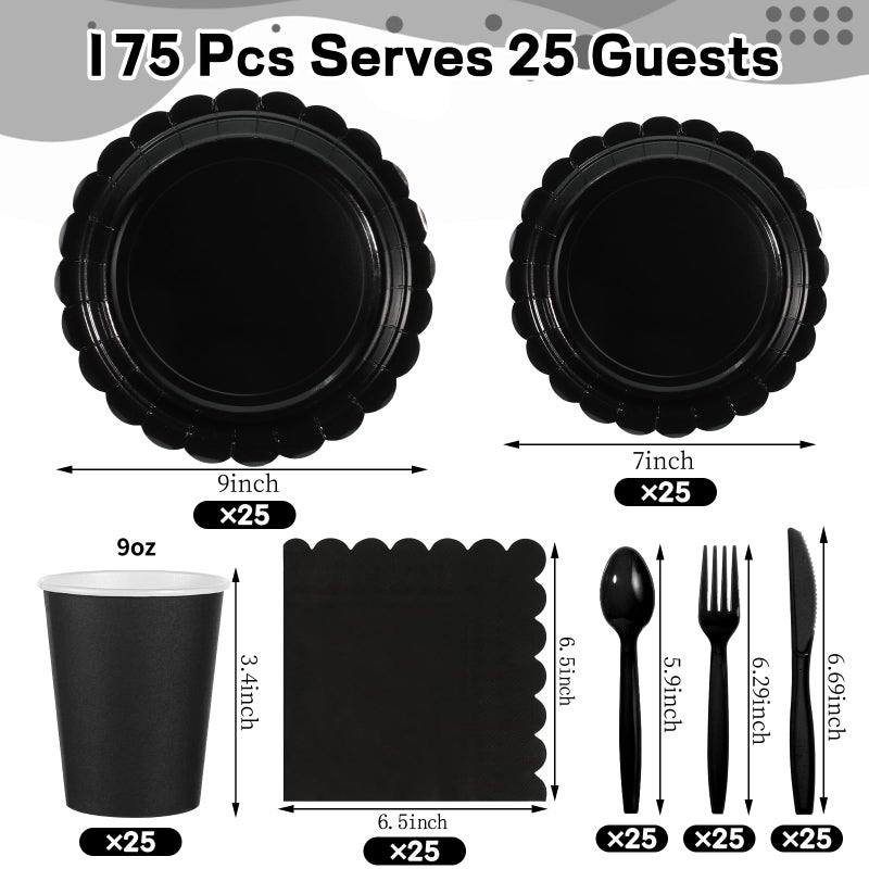 Xiangqu 175 Pcs Black Plates and Napkins 25 Guest Black Graduation Party Supplies Inlcude Scalloped Party Plates Napkins Cups Plastic Cutlery for Graduations  Birthday  Fesita - Image 2