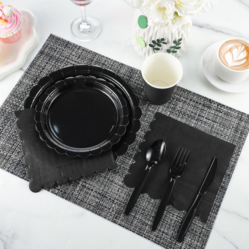 Xiangqu 175 Pcs Black Plates and Napkins 25 Guest Black Graduation Party Supplies Inlcude Scalloped Party Plates Napkins Cups Plastic Cutlery for Graduations  Birthday  Fesita - Image 4