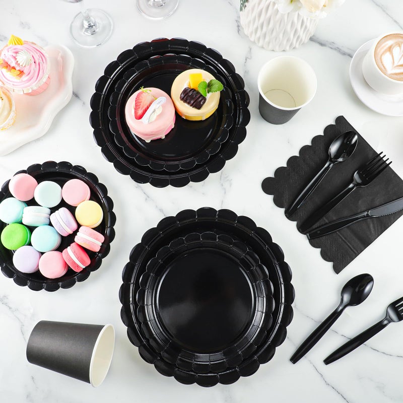 Xiangqu 175 Pcs Black Plates and Napkins 25 Guest Black Graduation Party Supplies Inlcude Scalloped Party Plates Napkins Cups Plastic Cutlery for Graduations  Birthday  Fesita - Image 5