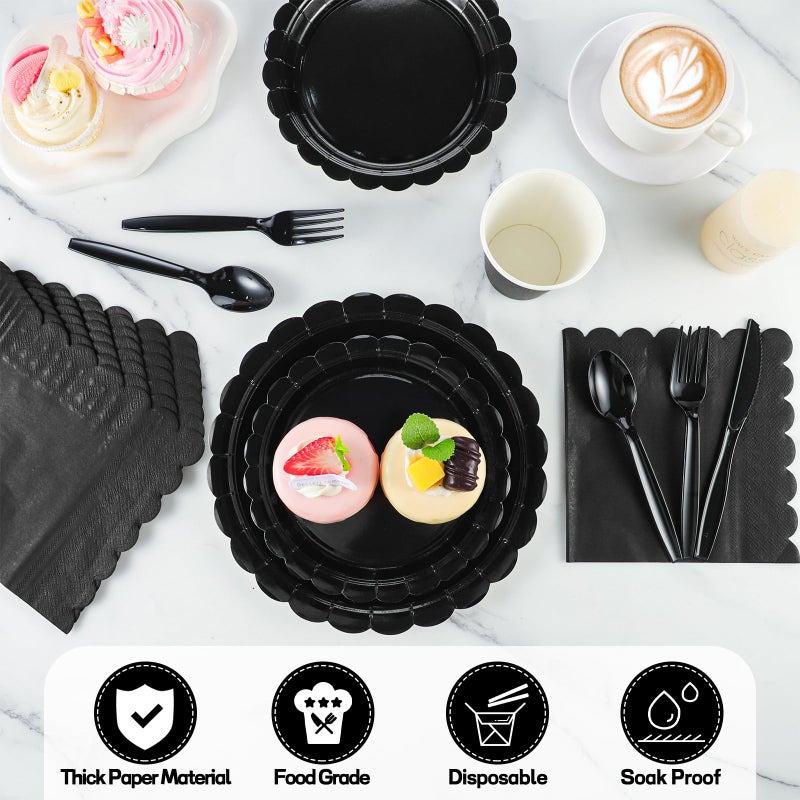 Xiangqu 175 Pcs Black Plates and Napkins 25 Guest Black Graduation Party Supplies Inlcude Scalloped Party Plates Napkins Cups Plastic Cutlery for Graduations  Birthday  Fesita - Image 3