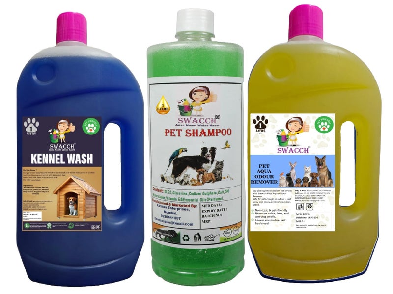 swacch Kennel Wash (Lavender) + Pet Shampoo (Lemon) I Pet Aqua Odour Remover (Lemon) 1 Litre Combo Pack of 3 Economical Pack I Dog and Cat Friendly - Image 1