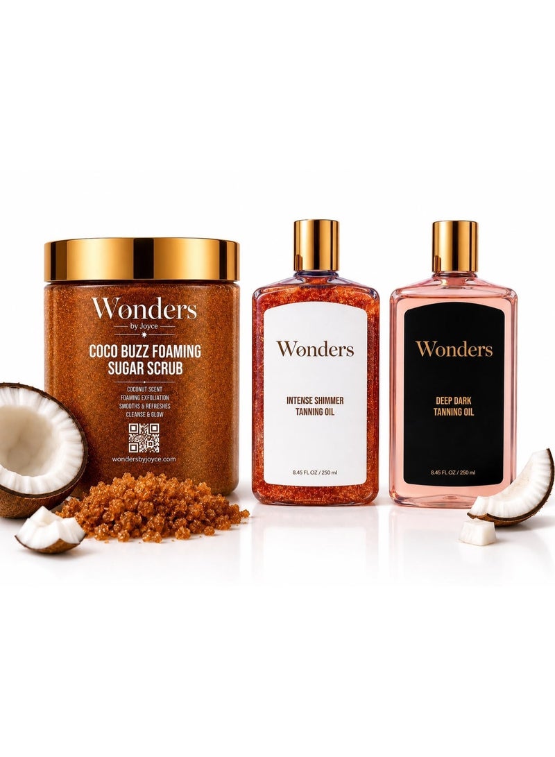 Wonders Complete Tan Kit Bundle | Coco Buzz Foaming Sugar Scrub 500ml (Coconut Exfoliating Body Polish) + Deep Dark Tanning Oil (Deep Bronze Sun Tan) + Shimmer Tanning Oil (Radiant Glow Finish) | 3-Step Exfoliate, Tan & Glow Set - Image 1