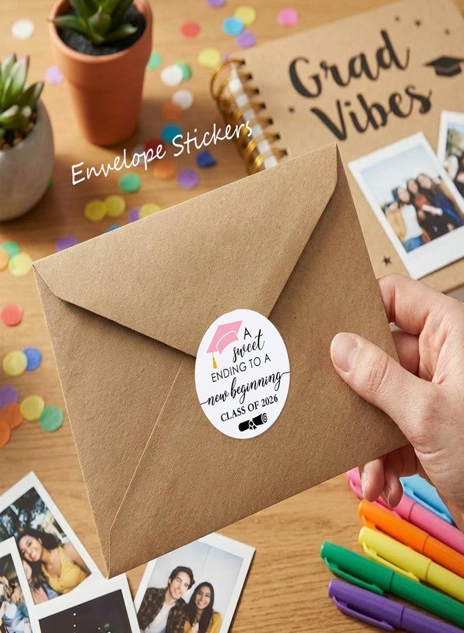 CYLDGNS 120 Pack Class of 2026 Graduation Stickers, A Sweet Ending to a New Beginning Round Thank You & Invitation Seals for Envelopes, Graduation Party Favor Decorations, Pink, 1.6 Inch - Image 3