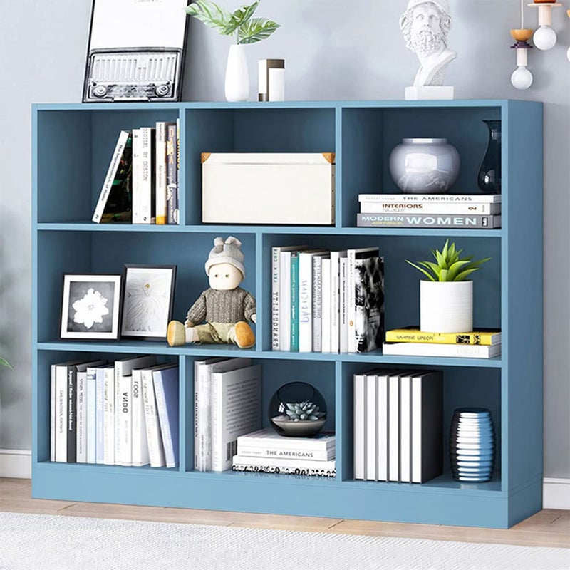 IOTXY IOTXY Open Shelf Low Bookcase  Wooden 3Tier Floor Standing Display Cabinet Organizer with Base 8 Cubes Short Horizontal Bookshelf in Bright Blue
