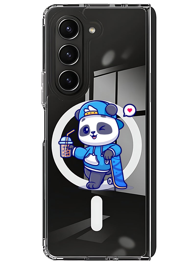 Theodor Magnetic Case for Samsung Galaxy Z Fold 5 Compatible with MagSafe Wireless Charging, Shockproof Phone Bumper Cover Panda having Drink - Image 1