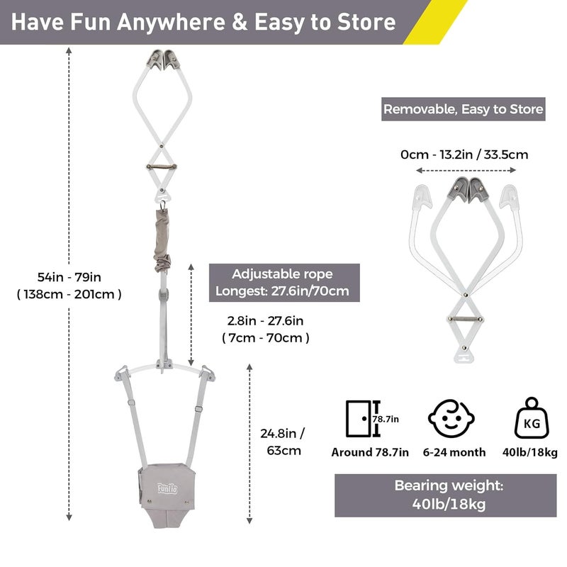 FUNLIO Baby Door Jumper for 624 Months with Door Clamp Baby Jumper Doorway with Strong Spring  Adjustable Strap Portable Infant Baby Bouncer Bearing 40 Lbs CPC  CE Certified  Gray - Image 2