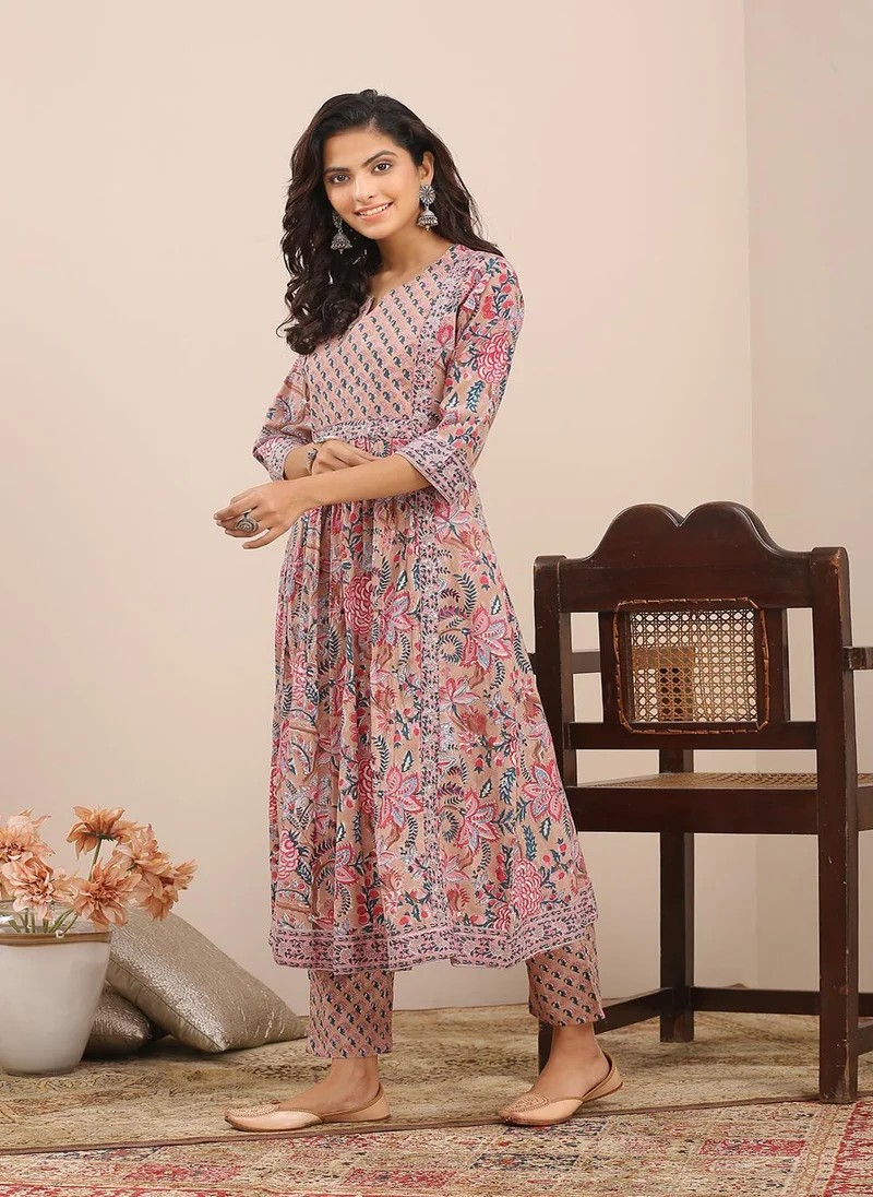 ZERESOUQ Brown Pink Hand Block Printed A Line Kurta