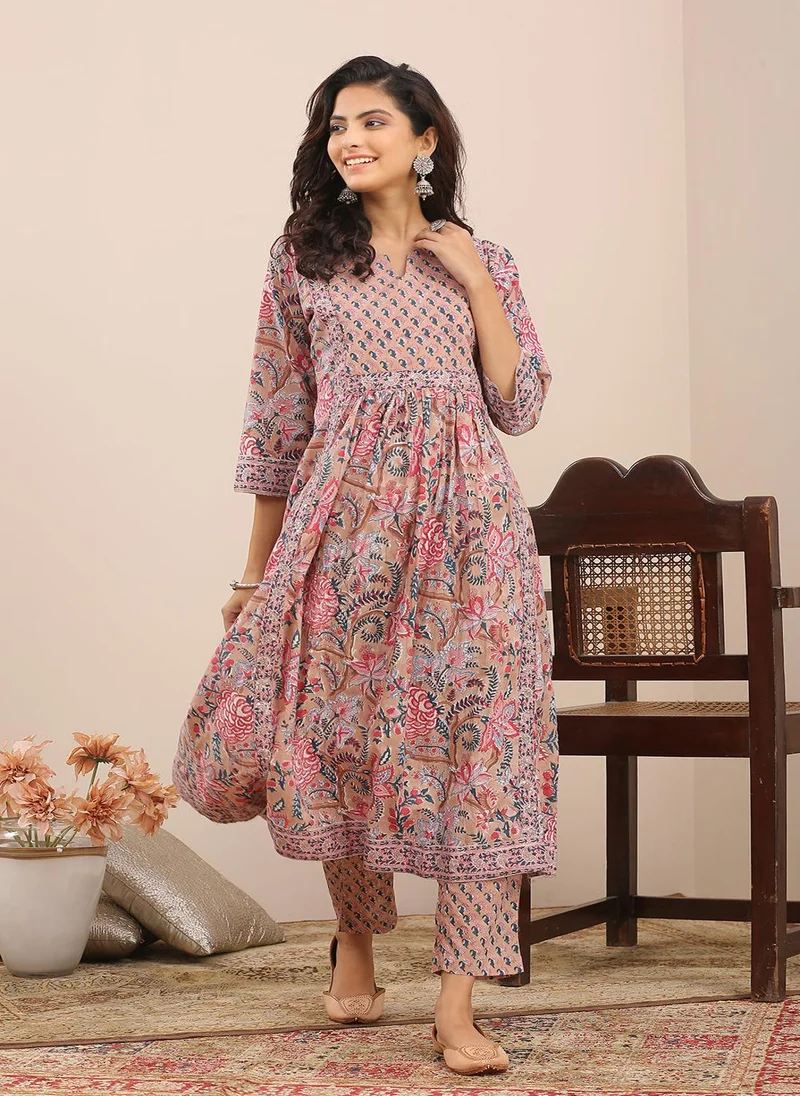 زيري سوق Brown Pink Hand Block Printed A Line Kurta