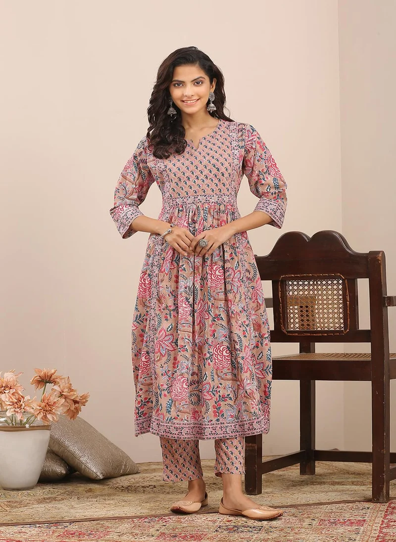 ZERESOUQ Brown Pink Hand Block Printed A Line Kurta