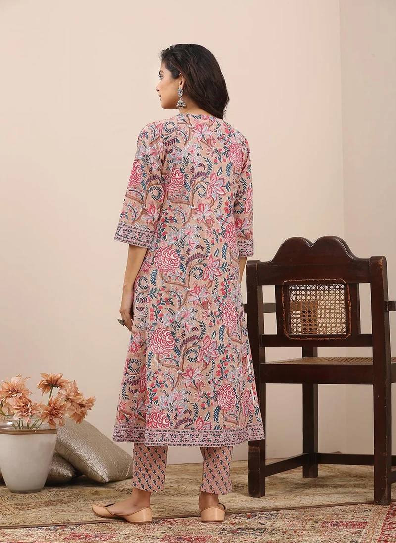 ZERESOUQ Brown Pink Hand Block Printed A Line Kurta