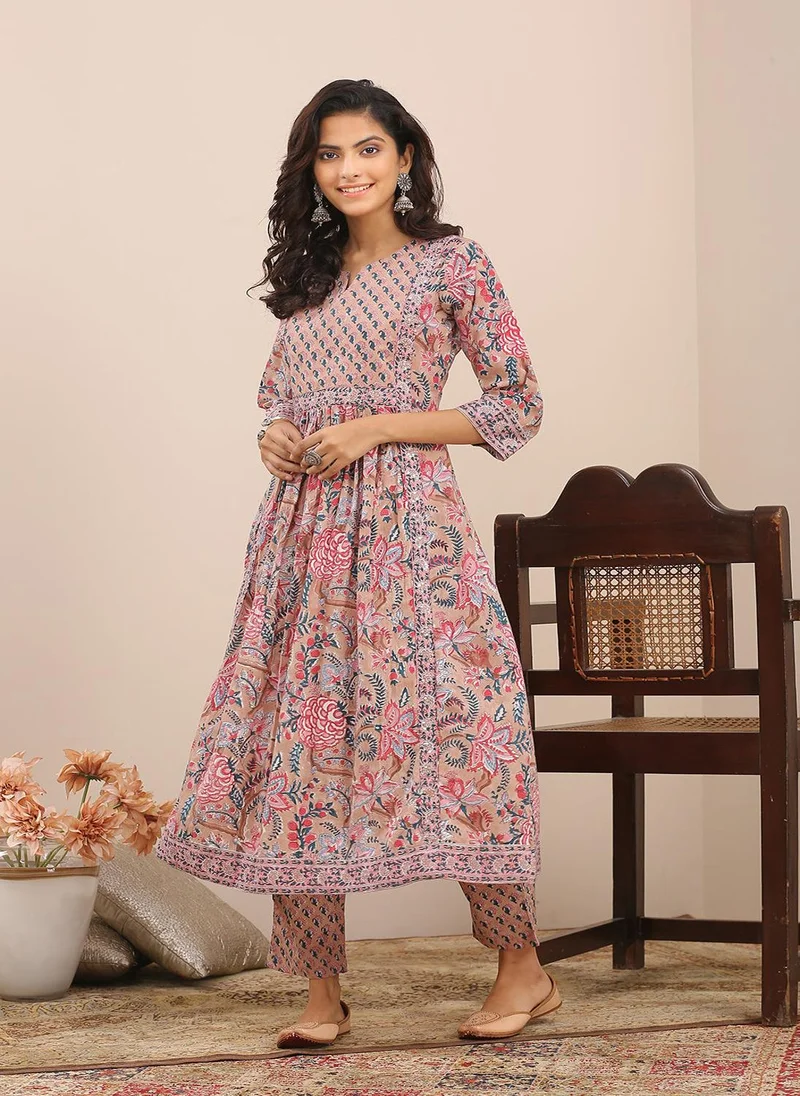 ZERESOUQ Brown Pink Hand Block Printed A Line Kurta