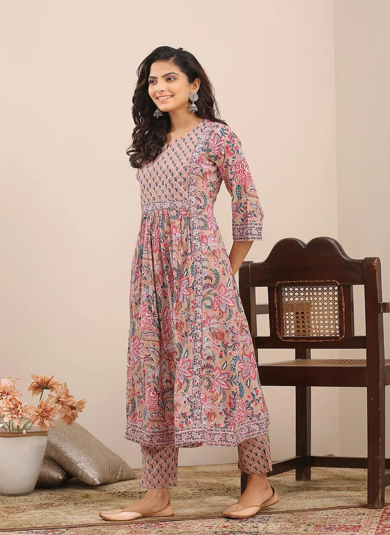 ZERESOUQ Brown Pink Hand Block Printed A Line Kurta
