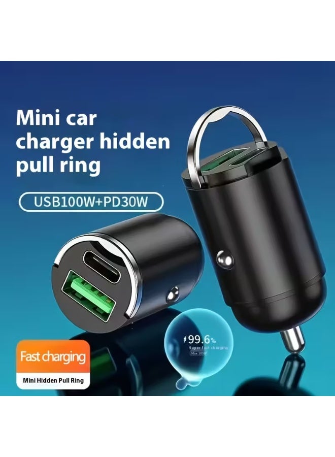 Mini 100W USB Car Charger Dual Port Type-C PD QC3.0 Fast Charging Adapter for iPhone Samsung Huawei Xiaomi Auto Cigarette Lighter Invisible Car Charger Black - Image 2