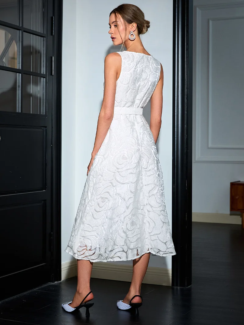 Simplee Round Neck Sleeveless Lace Midi Dress, Waist Cinched A Line Flared Skirt, Gentle Hollow Out Lady Dress