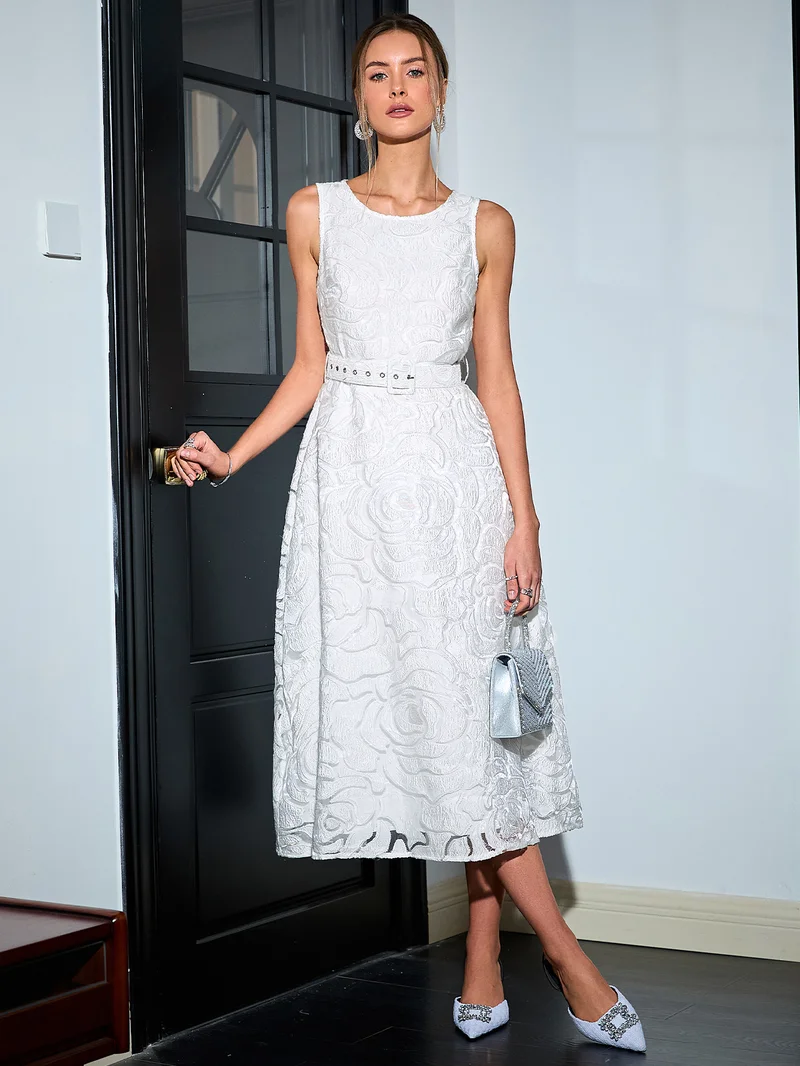 Simplee Round Neck Sleeveless Lace Midi Dress, Waist Cinched A Line Flared Skirt, Gentle Hollow Out Lady Dress