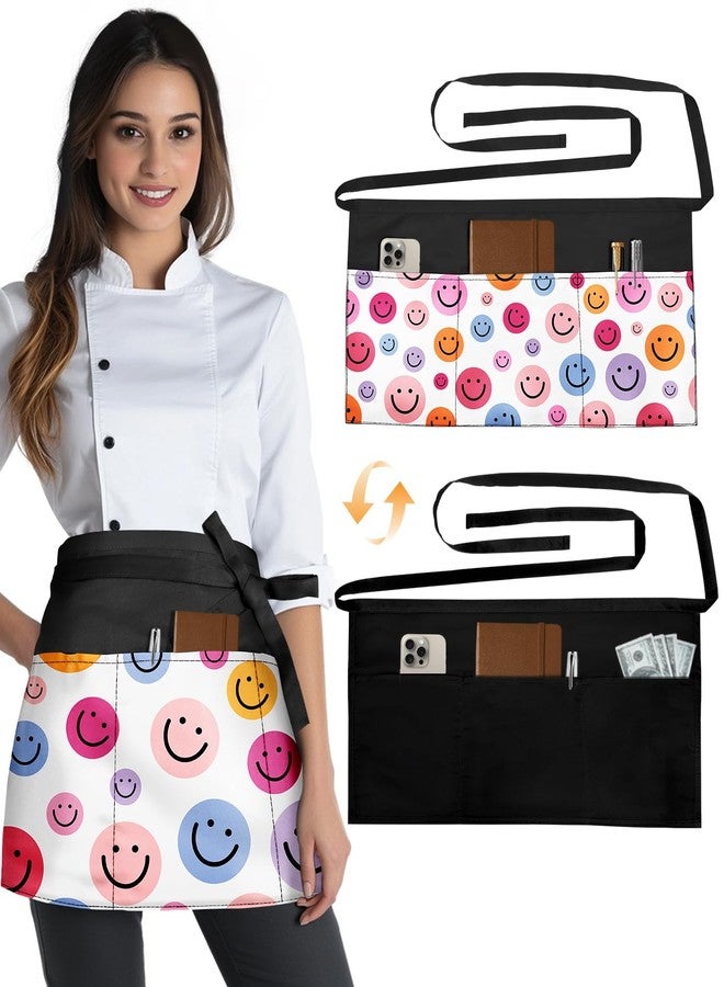 Slohif Reversible Server Apron with 6 Pockets - Waist Apron for Waitress Women Half Apron for Waiter Men Cute Water Resistant Serving Short Apron Barista Bartender Kitchen Accessories Smile - Image 1