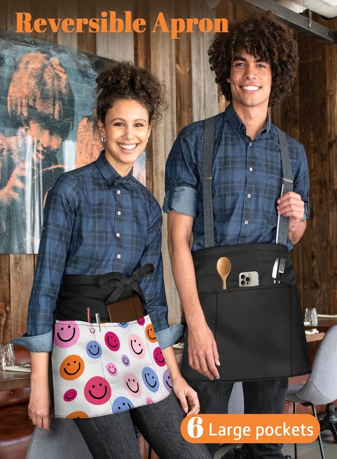 Slohif Reversible Server Apron with 6 Pockets - Waist Apron for Waitress Women Half Apron for Waiter Men Cute Water Resistant Serving Short Apron Barista Bartender Kitchen Accessories Smile - Image 3