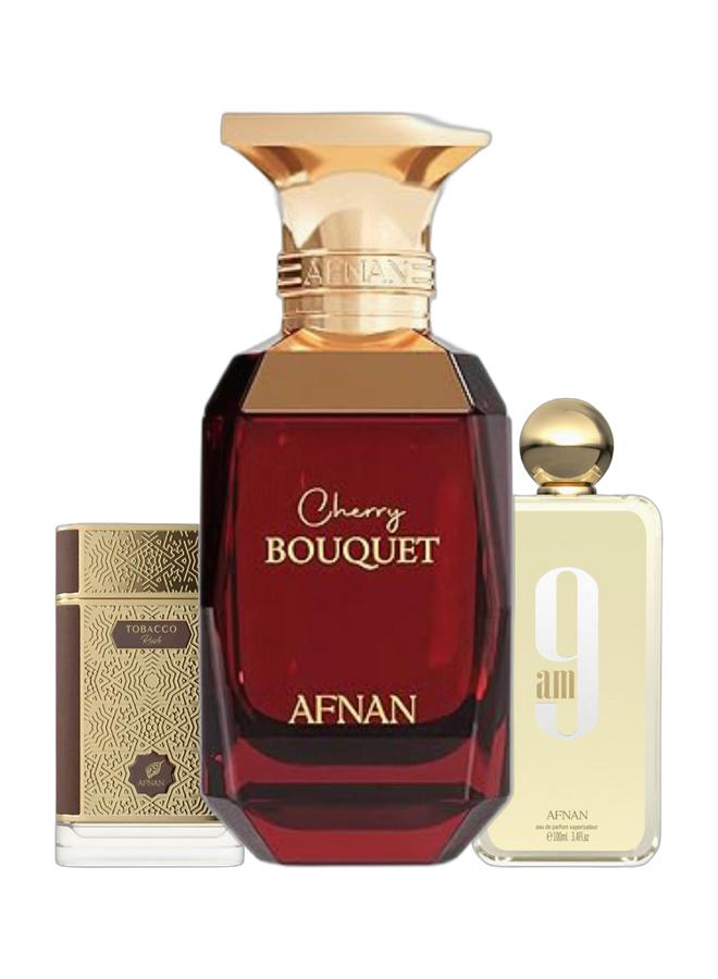 Afnan 9 AM EDP 100ml, Cherry Bouquet Eau De Parfum for Women 80ml and Tobacco Rush EDP 80ml - Image 1