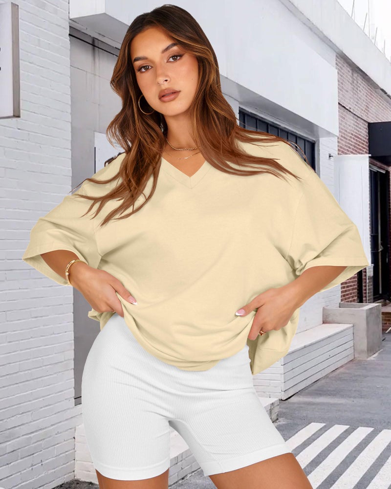 rosemia Oversized Tshirts for Women V Neck Short Sleeve Summer Casual Basic Loose Tops, Pure Khaki, L - Image 2