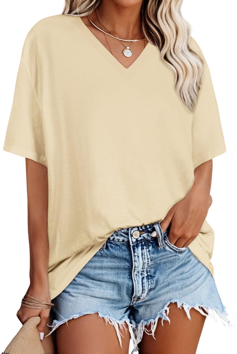 rosemia Oversized Tshirts for Women V Neck Short Sleeve Summer Casual Basic Loose Tops, Pure Khaki, L - Image 1