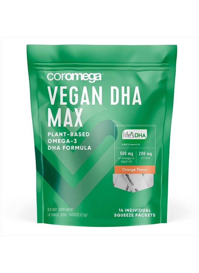 Coromega Vegan DHA, Plant-Based Omega-3 Algal Oil, Heart, Eye, Immune & Brain Health, Orange Flavor, 14 Ct  - Image 1
