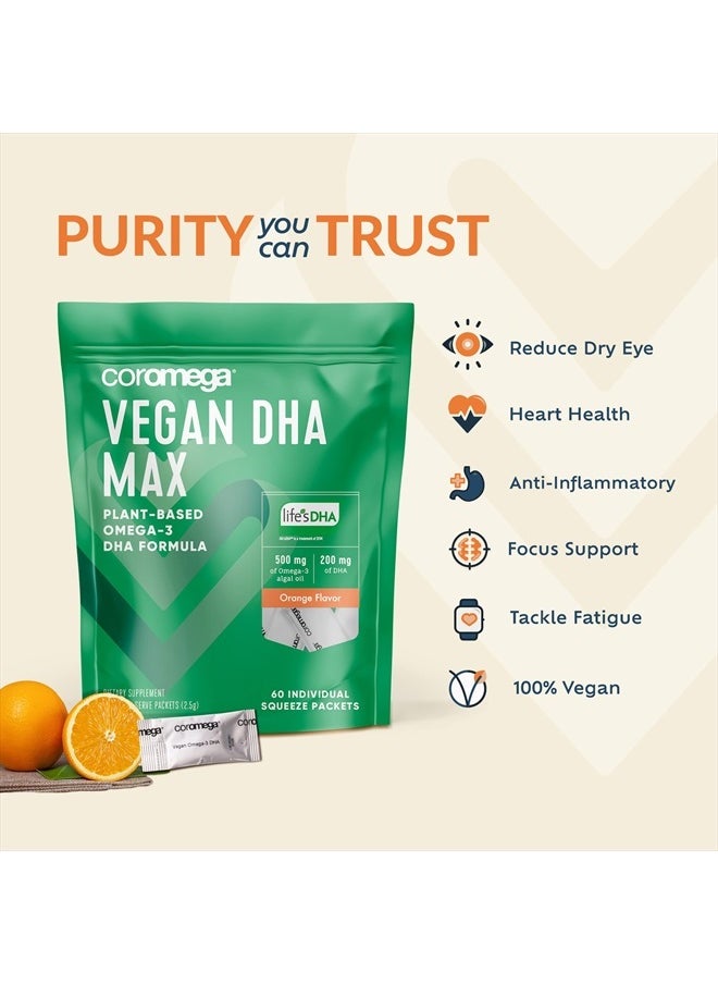Coromega Vegan DHA, Plant-Based Omega-3 Algal Oil, Heart, Eye, Immune & Brain Health, Orange Flavor, 14 Ct  - Image 2