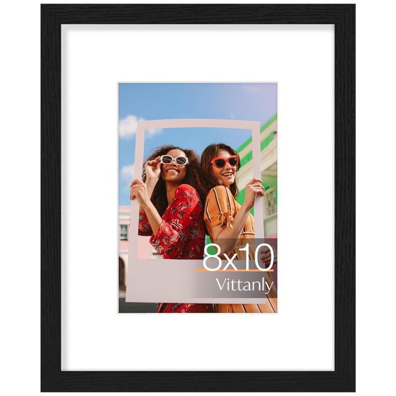 Vittanly 8x10 Picture Frame, Engineered Wood with Shatter Resistant Plexiglass, Display Pictures 5x7 with Mat or 8x10 without Mat, Photo Frame for Wall or Table Top Display, Black, 1 Pack - Image 1