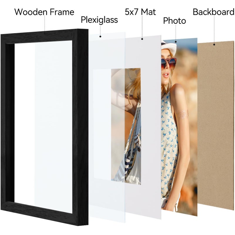 Vittanly 8x10 Picture Frame, Engineered Wood with Shatter Resistant Plexiglass, Display Pictures 5x7 with Mat or 8x10 without Mat, Photo Frame for Wall or Table Top Display, Black, 1 Pack - Image 4