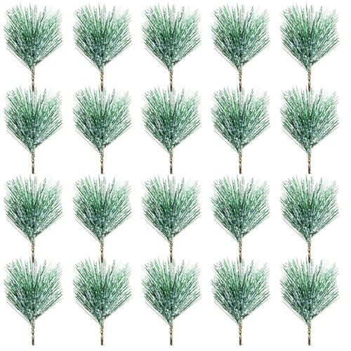 CURATED CART Snowy Artificial Pine Needles Branches - 10pcs Mini Green Twigs Picks with Frosted Tips, Realistic Pine Stems for DIY Christmas Tree Wreath Garland Crafts Holiday - Image 1