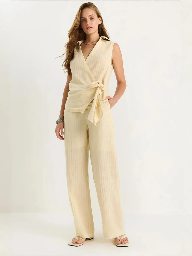 LUCCI Striped V-Neck Buttoned High Waist Wide Leg Two-Piece Set