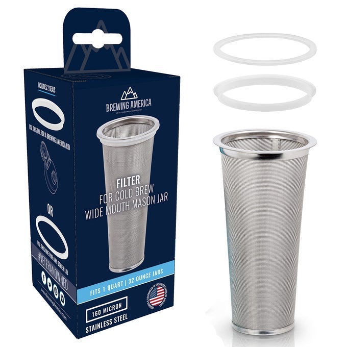 COLD BREW FILTER FOR MASON JAR WIDE MOUTH COFFEE MAKER UPGRADED STAINLESS STEEL MESH WITH 2 SILICONE SEALS 1 QUART 32 OUNCES