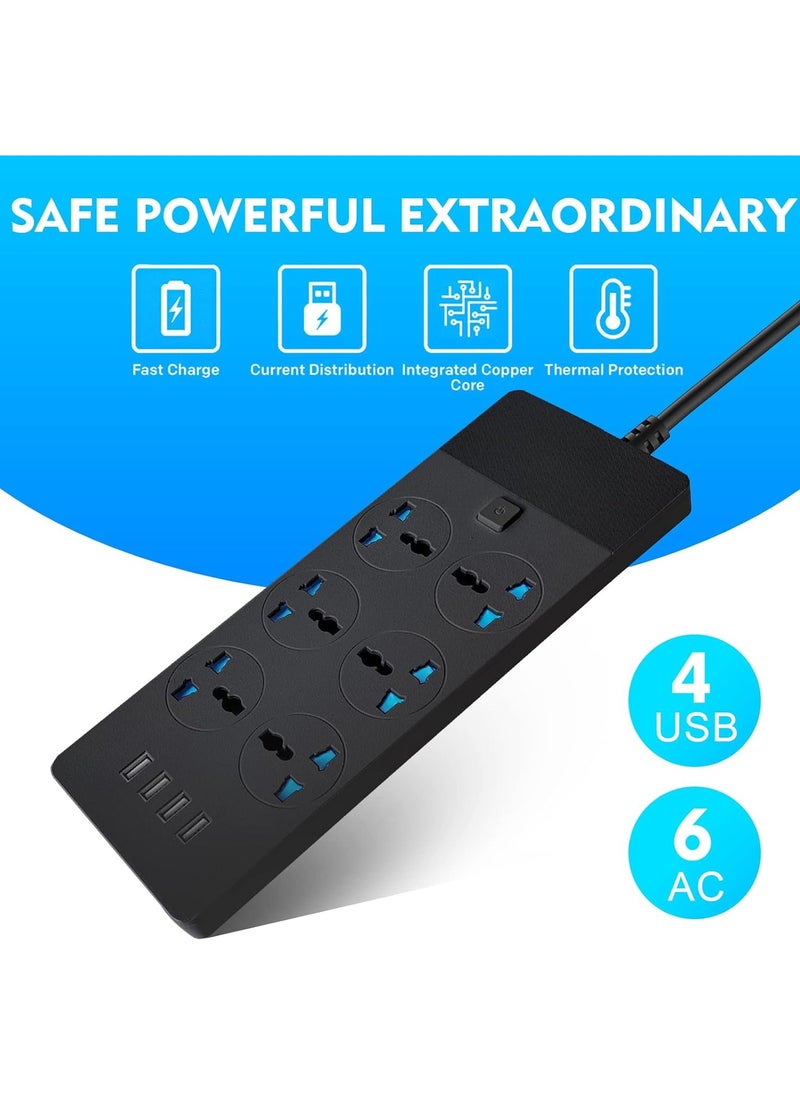 Power Strips Extension Cord 6 Outlets, Plug Adapter with 4 USB Ports Surge Protector, Charging Socket with 2M Bold Extension Cord