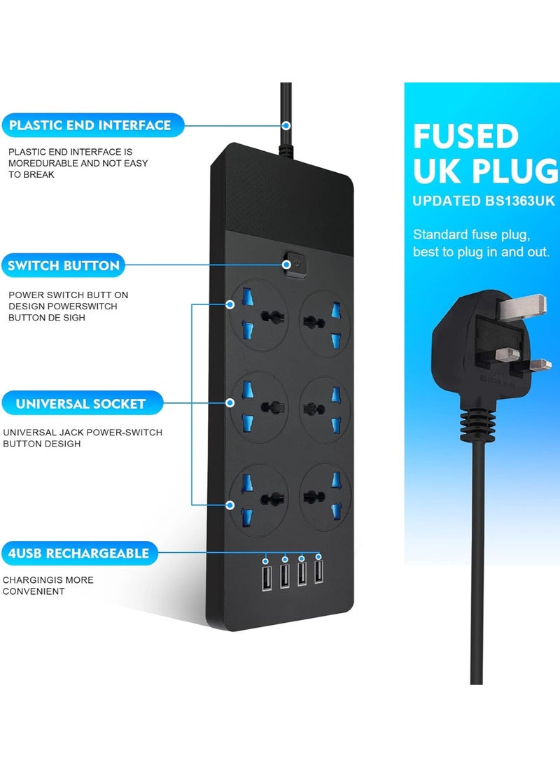 Power Strips Extension Cord 6 Outlets, Plug Adapter with 4 USB Ports Surge Protector, Charging Socket with 2M Bold Extension Cord