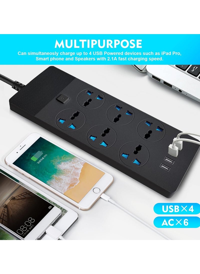 Power Strips Extension Cord 6 Outlets, Plug Adapter with 4 USB Ports Surge Protector, Charging Socket with 2M Bold Extension Cord