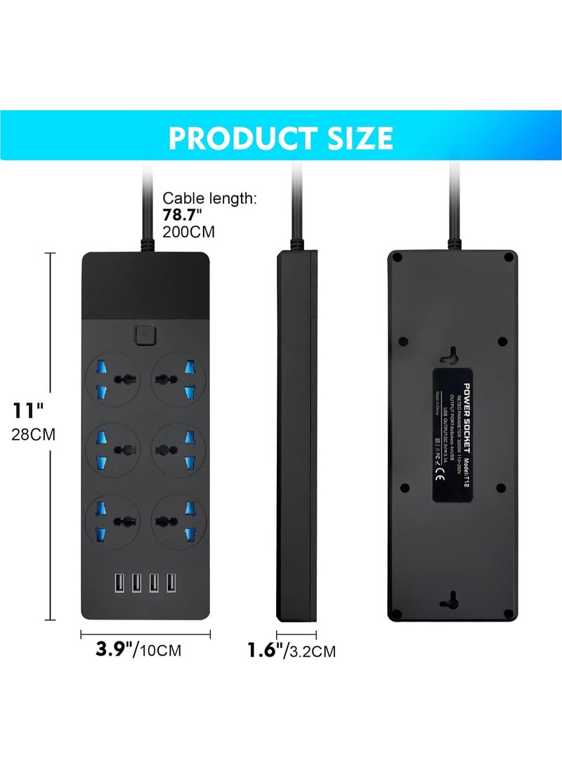 Power Strips Extension Cord 6 Outlets, Plug Adapter with 4 USB Ports Surge Protector, Charging Socket with 2M Bold Extension Cord