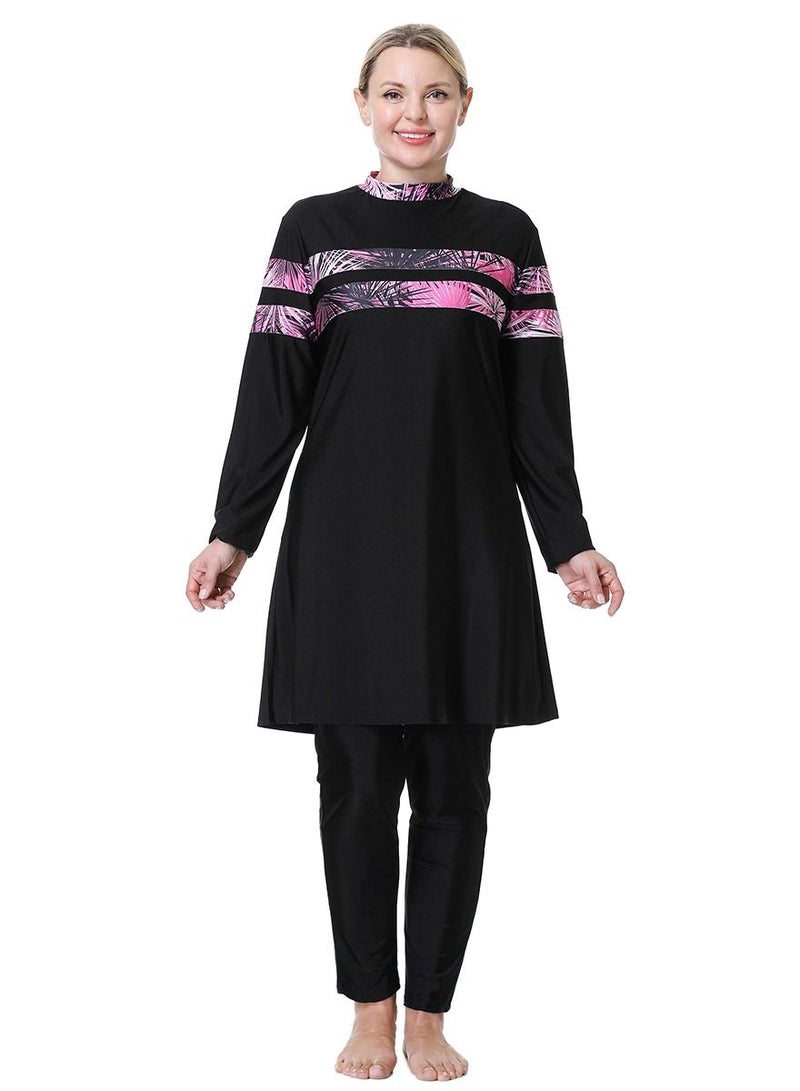 Loquat Womens Big Size 3-Piece Swimwear Set Conservative Style Long Sleeve Burkinis Swimsuit Set Black/Rose Pink  - Image 1