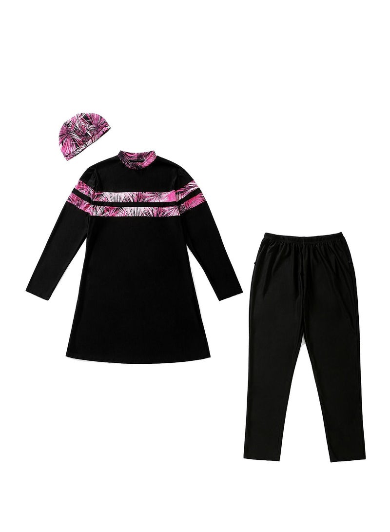 Loquat Womens Big Size 3-Piece Swimwear Set Conservative Style Long Sleeve Burkinis Swimsuit Set Black/Rose Pink  - Image 2
