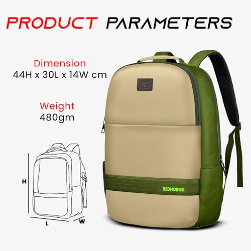 REDHORNS Faux Leather 15.6-Inch Laptop Backpack for Men and Women with Rain Cover, Anti-Theft Travel Water Resistant Laptop Bag for Office, College, School (Beige, Green) - Image 3