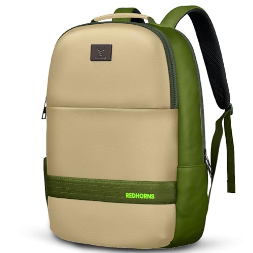REDHORNS Faux Leather 15.6-Inch Laptop Backpack for Men and Women with Rain Cover, Anti-Theft Travel Water Resistant Laptop Bag for Office, College, School (Beige, Green) - Image 1