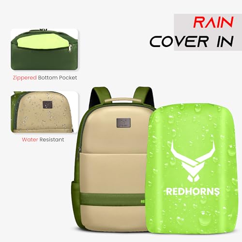 REDHORNS Faux Leather 15.6-Inch Laptop Backpack for Men and Women with Rain Cover, Anti-Theft Travel Water Resistant Laptop Bag for Office, College, School (Beige, Green) - Image 4