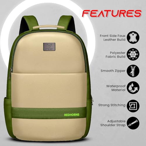 REDHORNS Faux Leather 15.6-Inch Laptop Backpack for Men and Women with Rain Cover, Anti-Theft Travel Water Resistant Laptop Bag for Office, College, School (Beige, Green) - Image 2