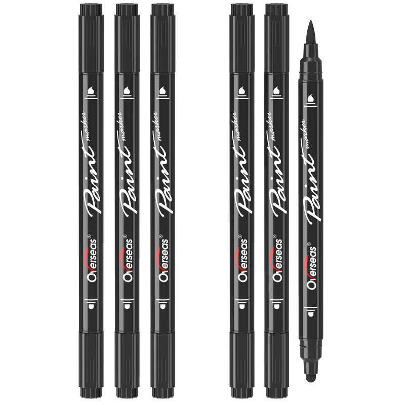 Overseas Black Acrylic Paint Markers, 6 Pack Dual Tip Paint Pens Acrylic Markers - Dot and Brush Tip Coloring Marker for Wood, Rock, Canvas, Glass, Metal, Plastic, Rubber, Fabric, School Supplies - Image 1