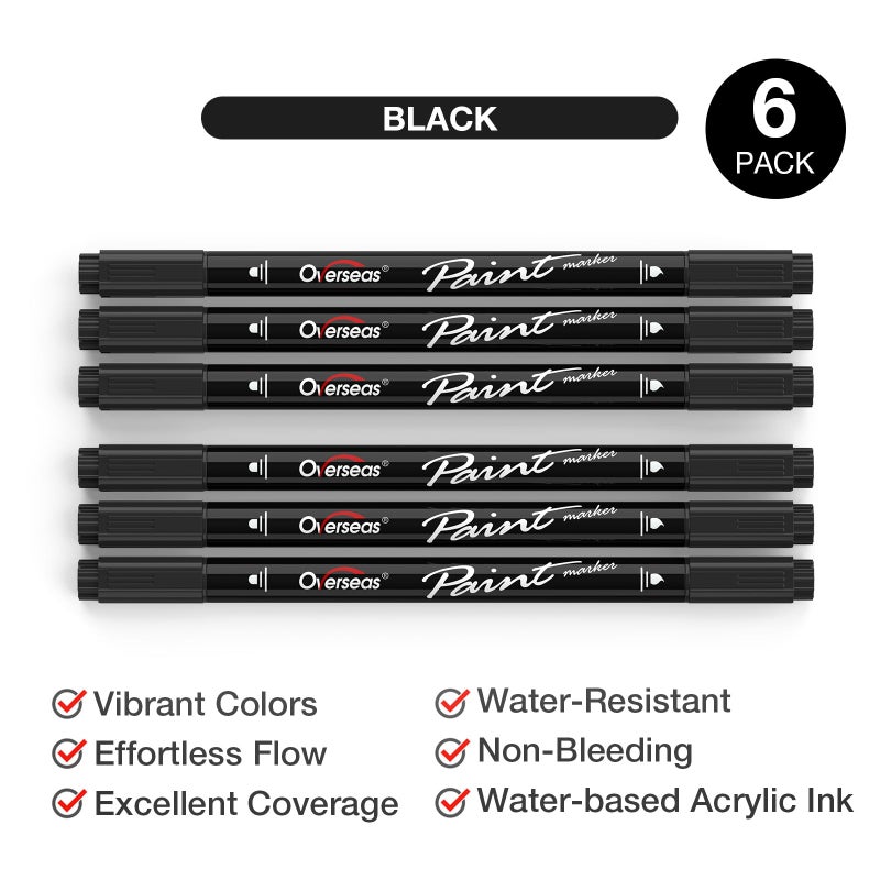 Overseas Black Acrylic Paint Markers, 6 Pack Dual Tip Paint Pens Acrylic Markers - Dot and Brush Tip Coloring Marker for Wood, Rock, Canvas, Glass, Metal, Plastic, Rubber, Fabric, School Supplies - Image 2