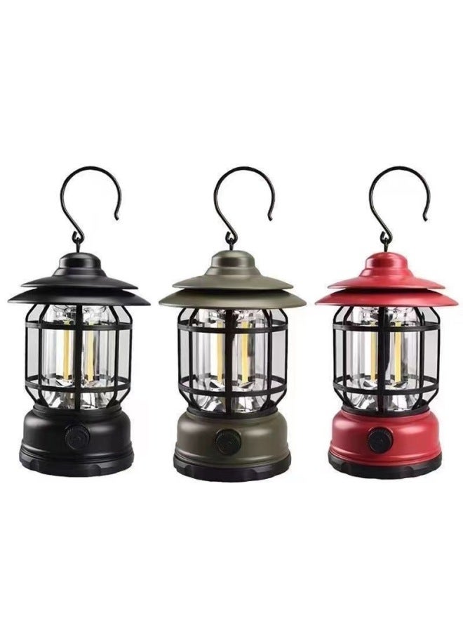 Outdoor Camping Lamp Portable Camping Ground Lamp Multifunctional Charging Tent Retro Lantern Atmosphere Lamp-Color:Ruby (battery) - Image 1